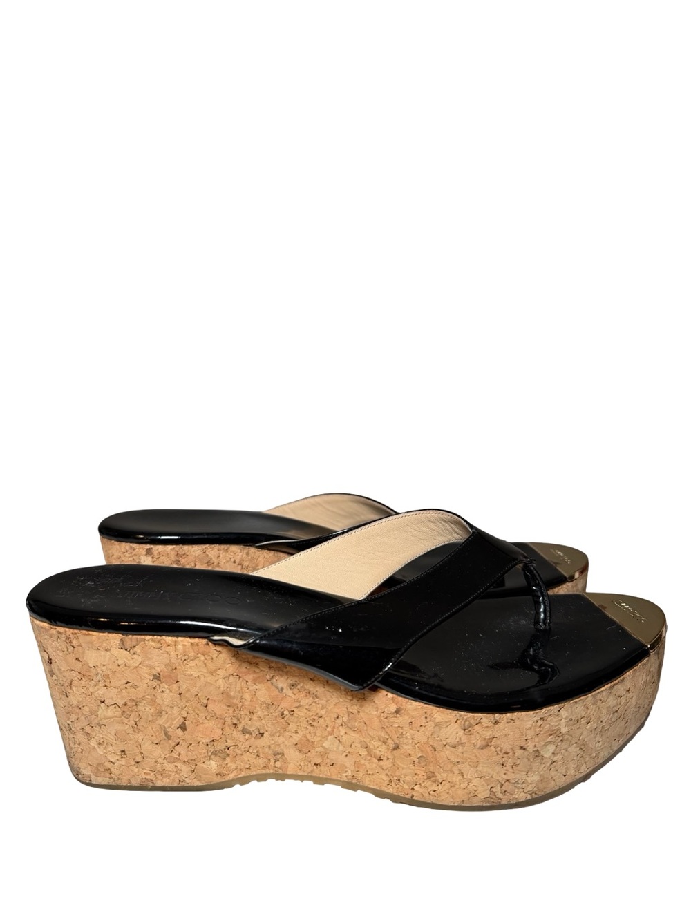 Jimmy Choo Black Patent Cork Wedge Thong Sandals - Women's